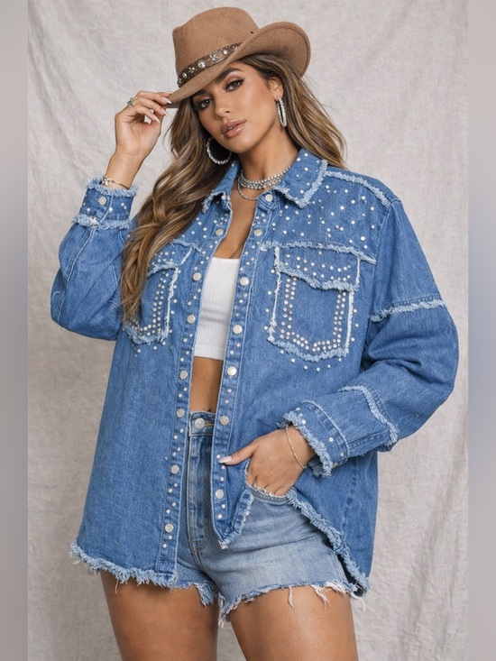 Tops - Rhinestone Denim Jacket 3XL Western Studded Shirt Pearl Distressed